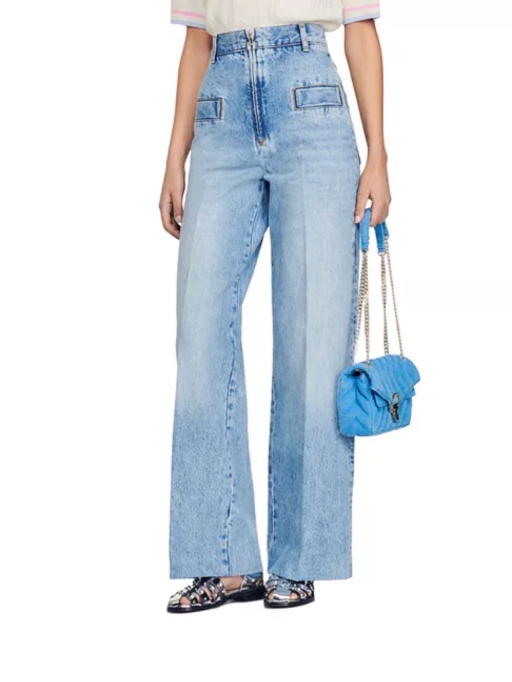 Sandro Light Blue High-Rise Wide Leg Jeans
